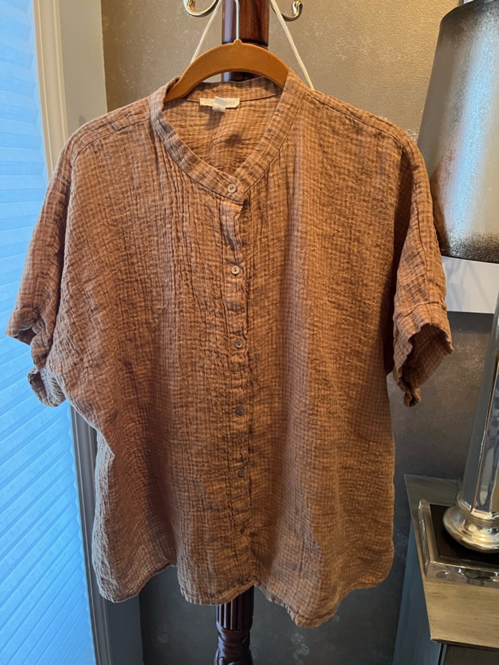 Eileen Fisher Casual Short-Sleeve Button Front Top - Chestnut/Tan Size:XL - Picture 4 of 9